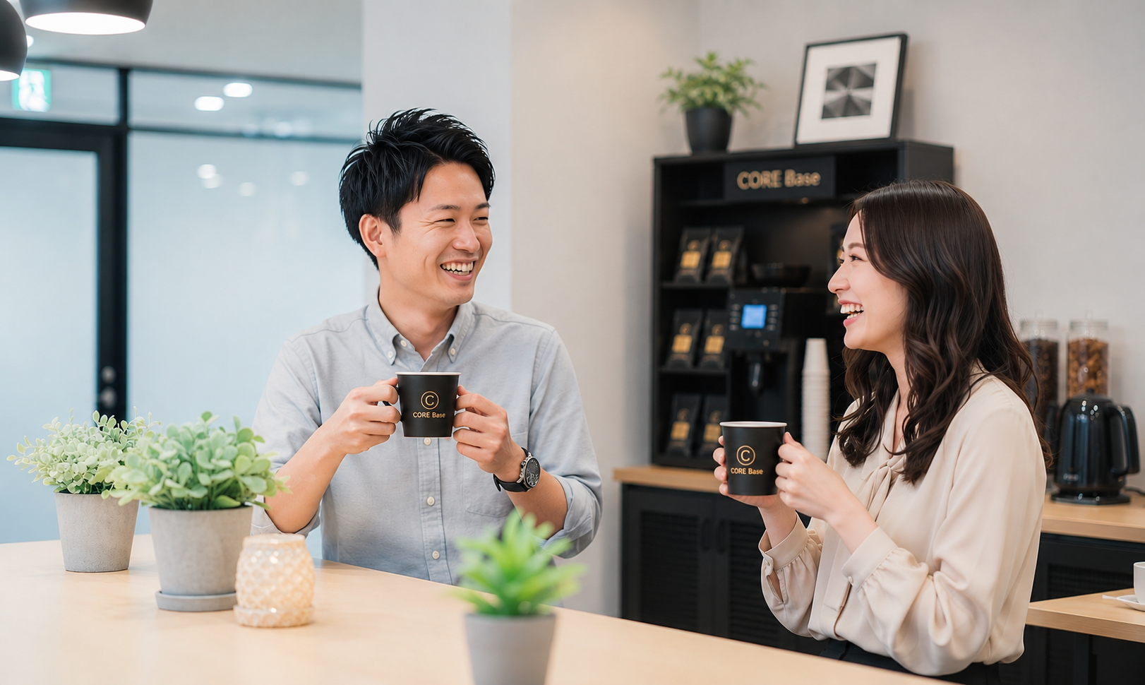 CORE Baseのあるオフィスカフェ空間と、コーヒーやスナックを手に取る利用シーン