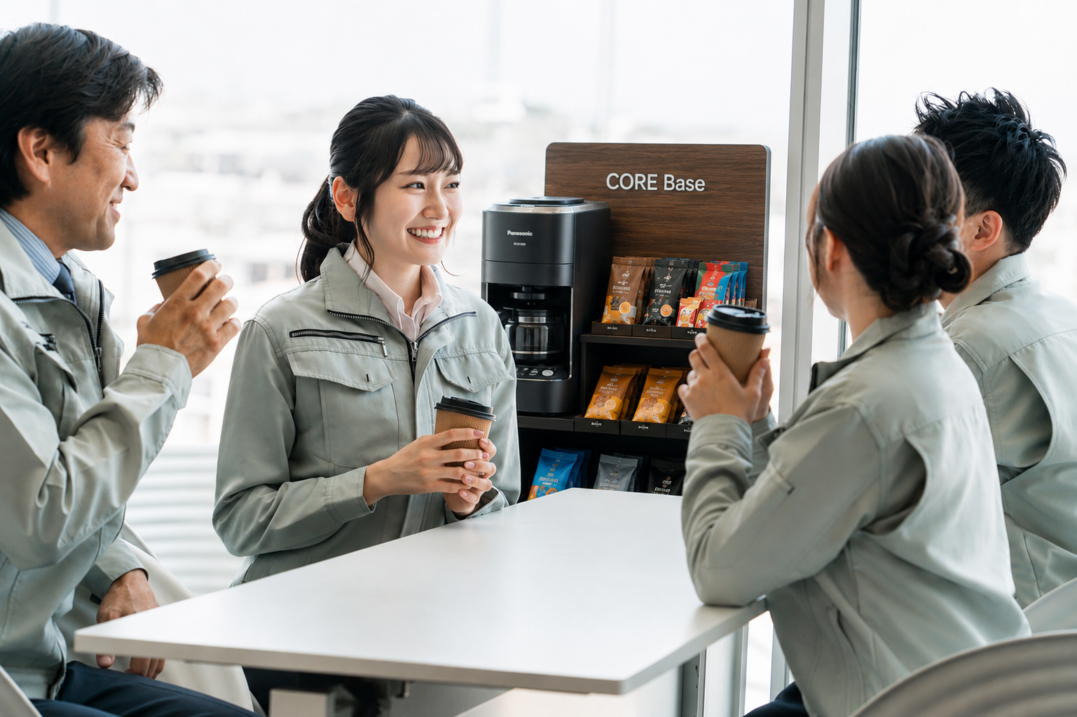 オフィスカフェ大阪を囲んで休憩するオフィスの利用イメージ